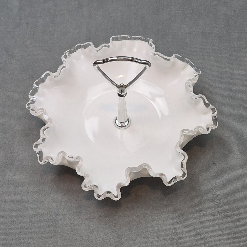Fenton Clear/Milk Glass White Vintage 8" Hobnail Bon Bon Candy Dish Silvercrest